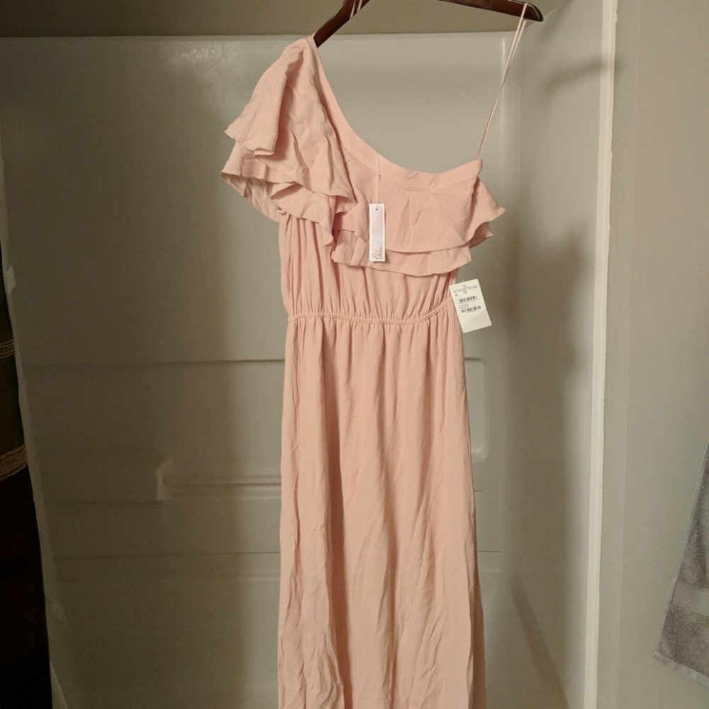 One sleeve ruffle pink maxi dress